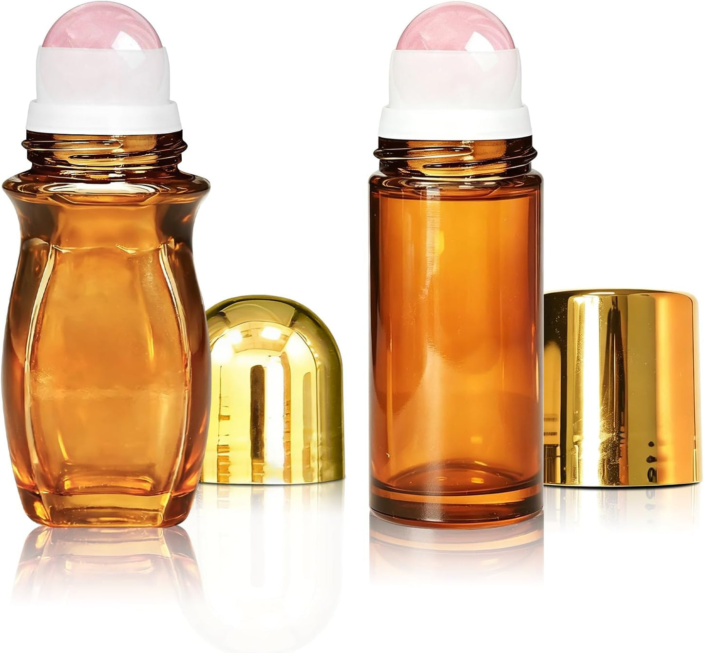 Rose Quartz Roller Bottles - 50ml Refillable Amber Glass | Leak-Proof Travel Perfume with Natural Crystal Rollers
