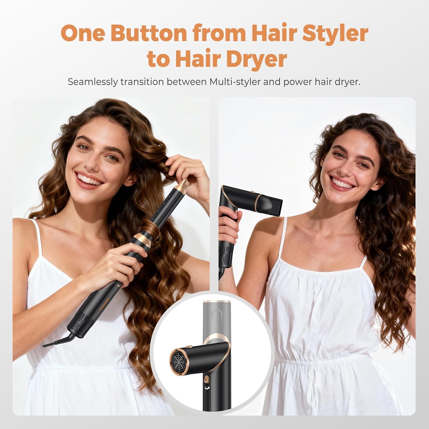 Blow Dryer Brush 6-in-1 | Foldable Hot Air Brush for Volumizing, Curling & Straightening - Detachable Design