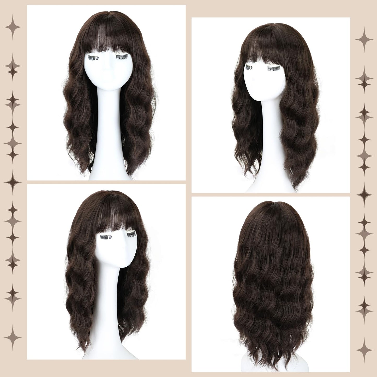 NOVFLKW Brown Medium Long Wavy Wigs for Women 20inch Dark Brown Wig with Bangs-Shoulder Length Wavy Curly Synthetic Heat Resistant Fiber Full Hair For Daily Use