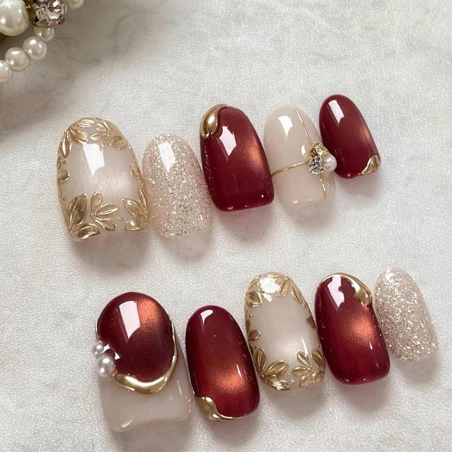 30Pcs Handmade Press-On Nails | Medium Almond 3D Ocean Wave Blueberry Floral Design with Pearls & Rhinestones