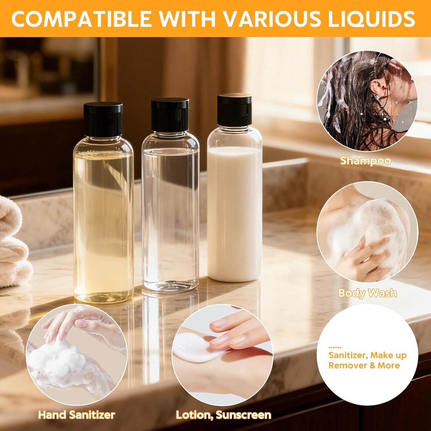 Travel Bottles for Toiletries - 5 Pack TSA Approved Leak-Proof Refillable Containers | 3.4 oz Clear Plastic Shampoo & Lotion Bottles