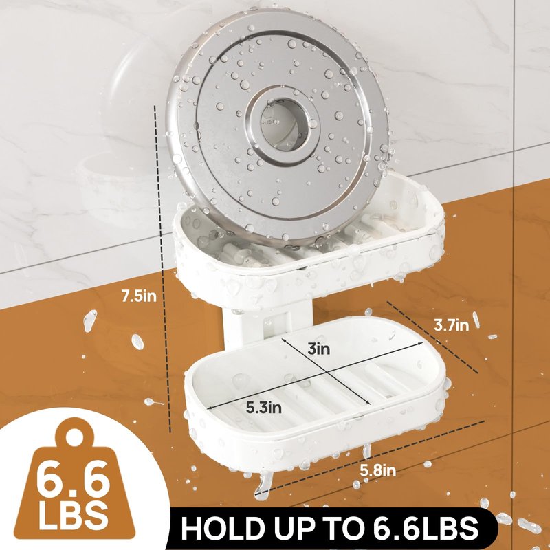 LEVERLOC Soap Dish Holder for Shower, Double Layer Suction Cup Wall Mounte Self Draining Removable Waterproof Strong Suction Bar Soap Holder for Shower, White