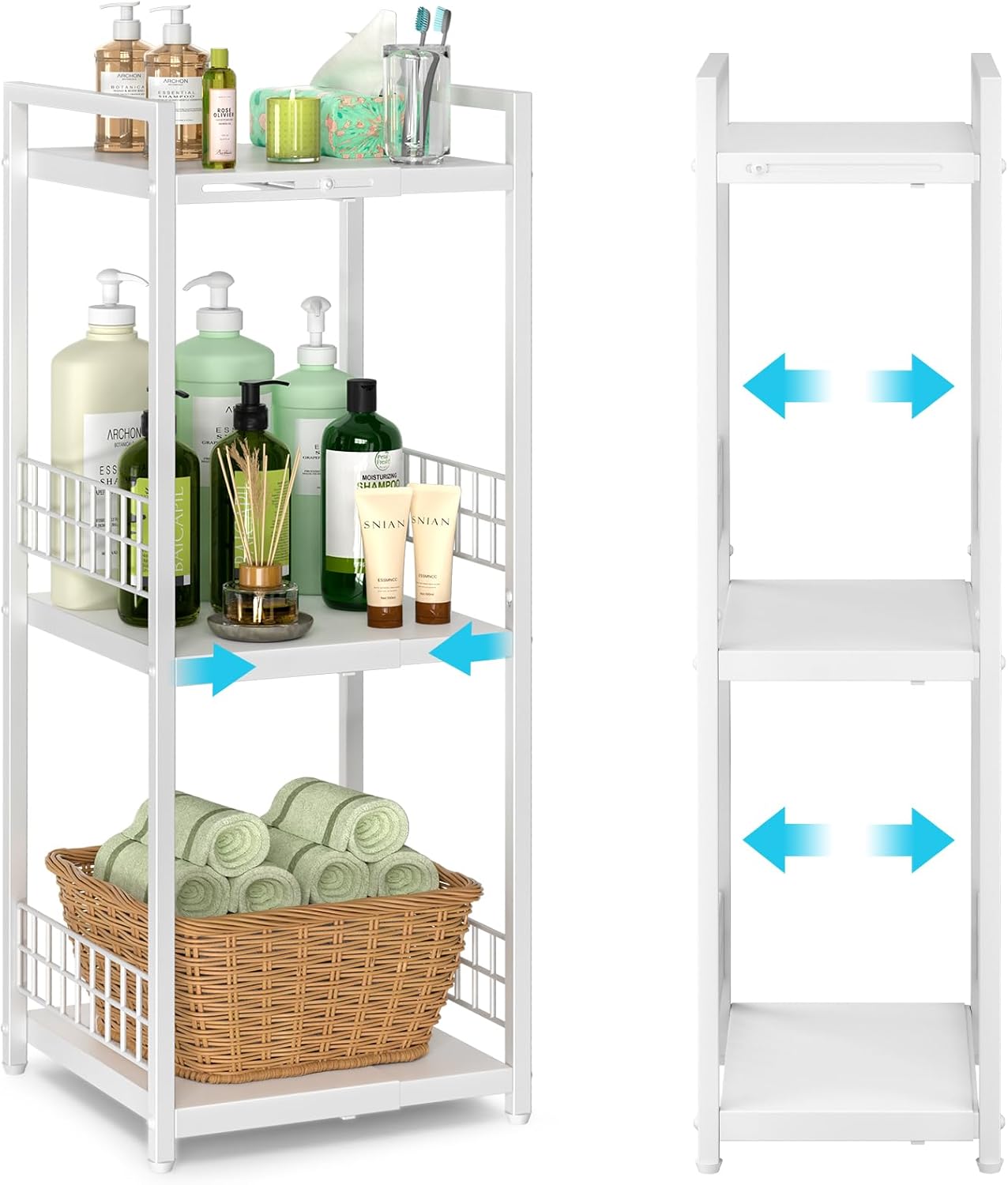 Expandable Slim Storage Shelf - 3 Tier Metal Shelving Unit for Bathroom, Kitchen & Laundry | White