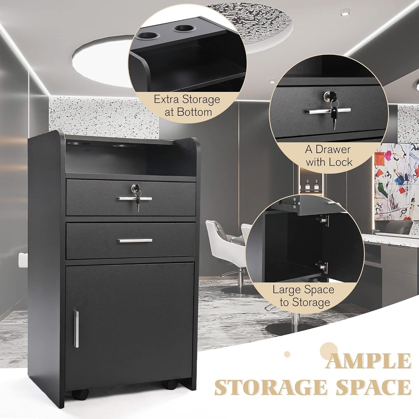 Hair Salon Station - Mobile Trolley Cart with Locking Drawer & 2 Hair Dryer Holders | Black