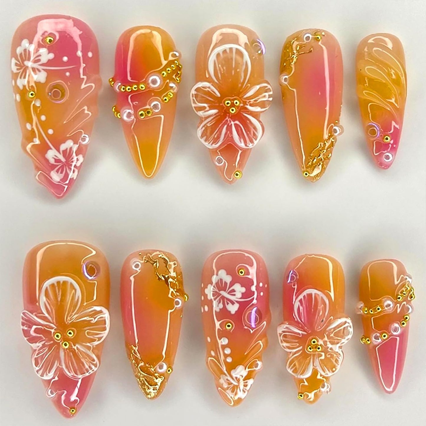Blue Flower Press-On Nails - Medium Almond French Tip with Bow Design | Glossy Full Cover for DIY Manicure