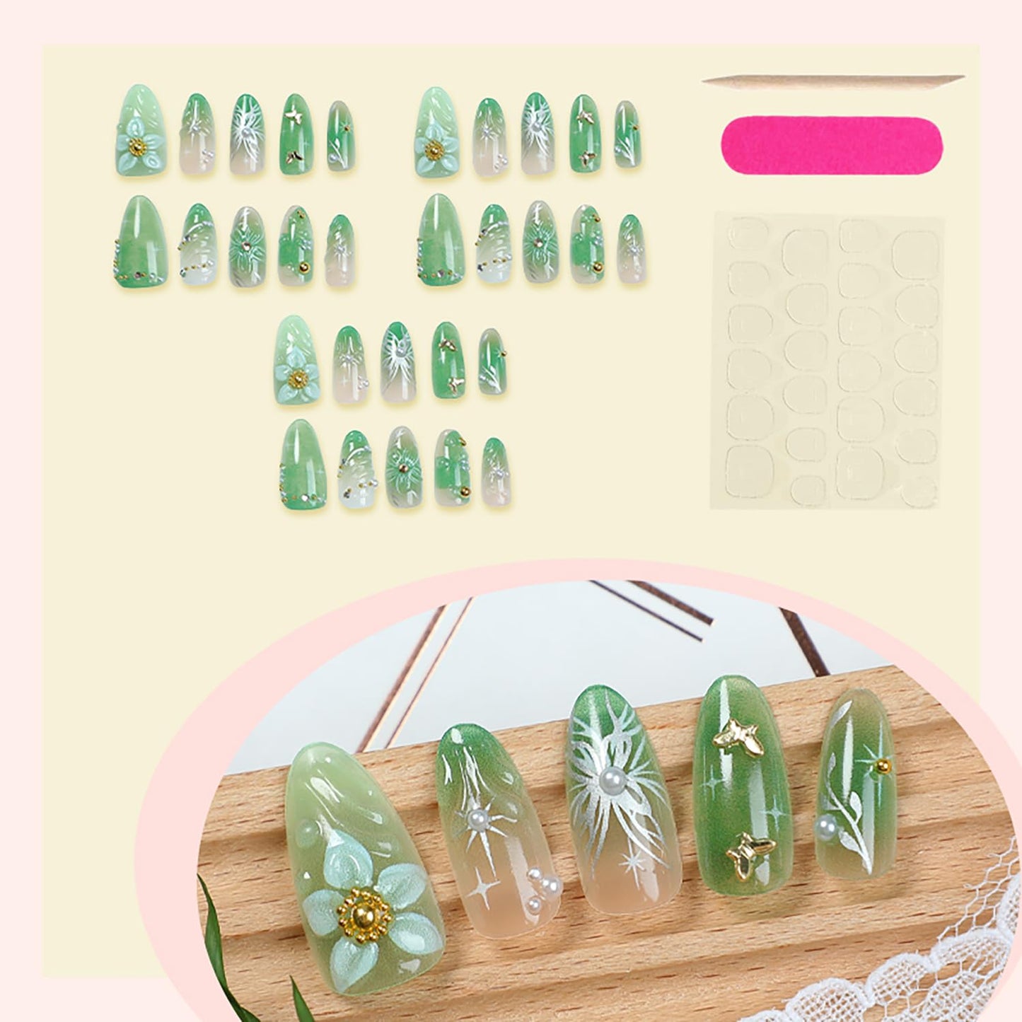 30Pcs Green Press on Nails Medium Almond Fake Nails with 3D Pearl Gold Beads Designs Stick on Nails 3D Flower Butterfly False Nails Spring Summer Acrylic Nails Silver Star Glue on Nails for Women