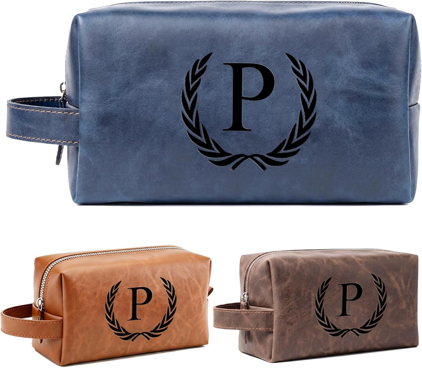 Personalized Leather Toiletry Bag for Men | Engraved Initial Waterproof Travel Bag - Dark Brown