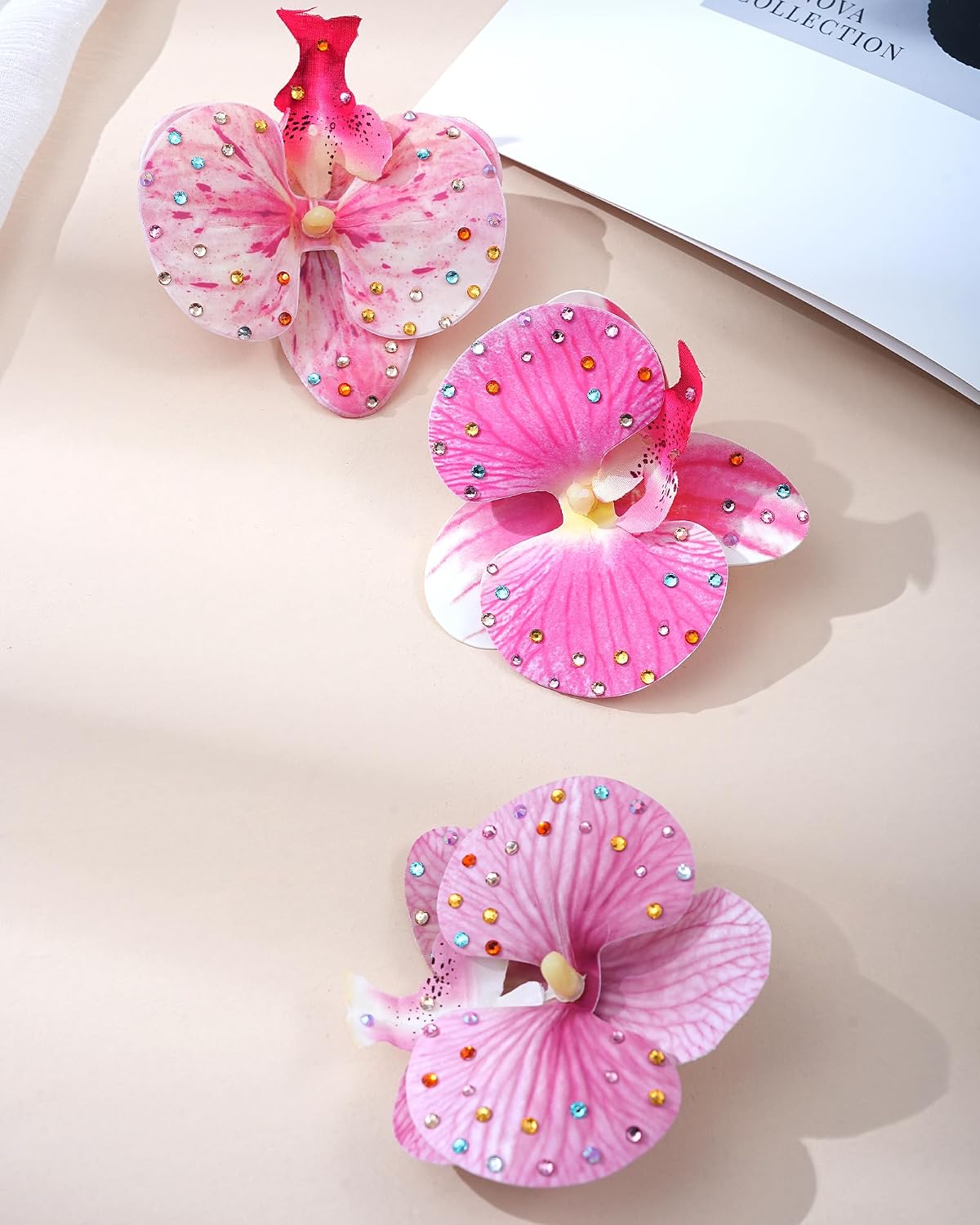 Hawaiian Flower Hair Clips - 3 Pack Tropical Orchid Hairpins | Rhinestone Bridal Accessories (Pink Moth Orchid)