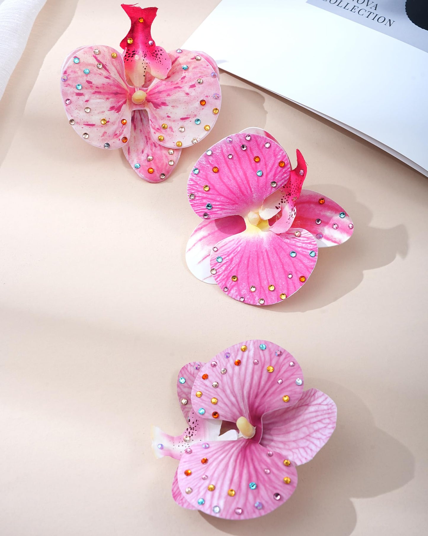 Mesovor 3 Pack Hawaiian Flower Hair Clips, Artificial Tropical Flower Orchid Hair Pin | Rhinestone Hairpins Hair Accessories for Wedding Bridal Beach Party (Pink Moth Orchid)