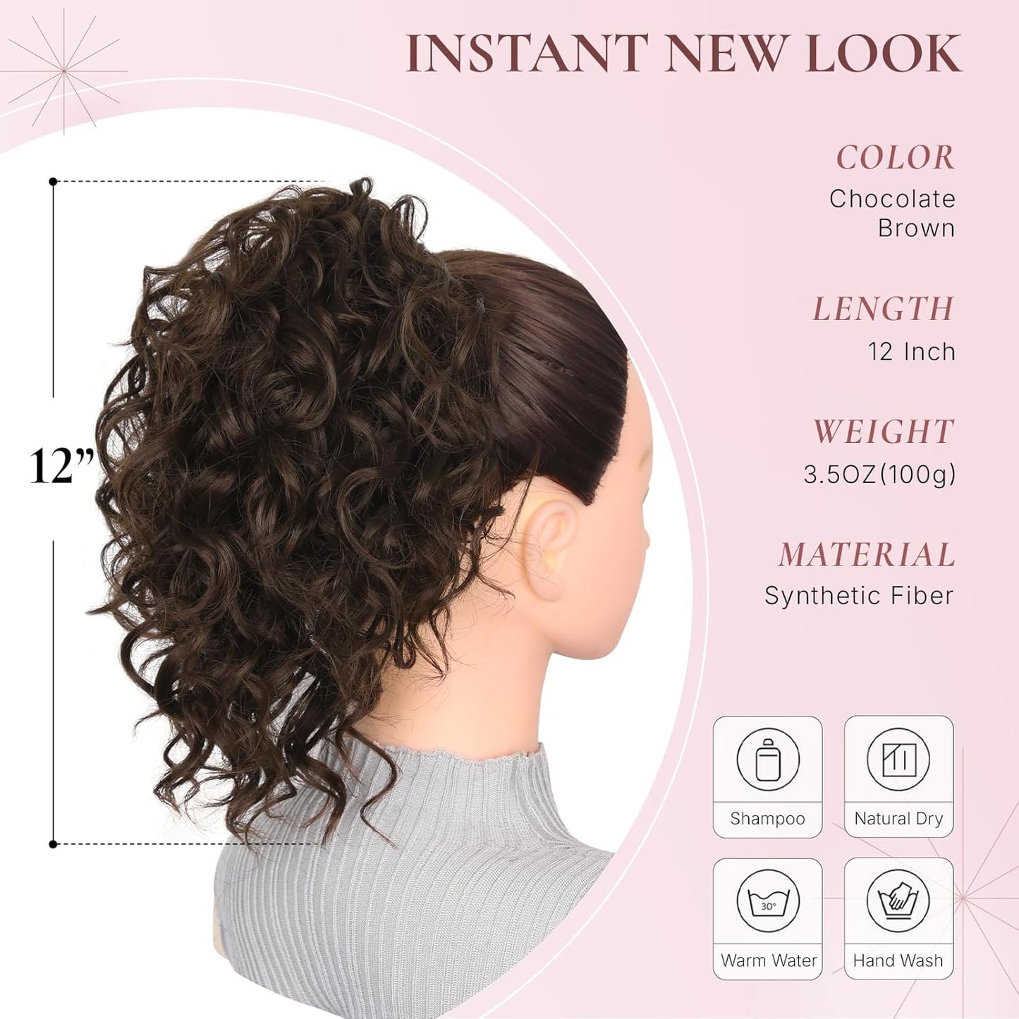 Claw Clip Ponytail Extension - 12 Inch Curly Synthetic Hair Extension | Chocolate Brown