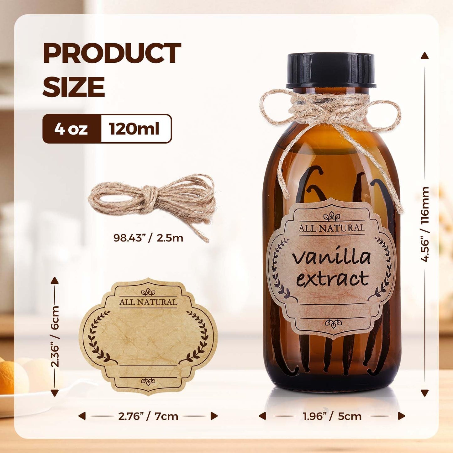 Elumeiro 12 Pack 4 oz Vanilla Extract Bottles, Amber Boston Glass Bottle with Cap Empty Brown Glass Bottles for Homemade Vanilla Extract, Essential Oils, Juice, Potion, Syrup, Liquids, Christmas Gift