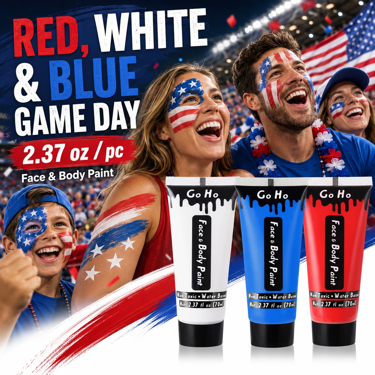 Go Ho Red White and Blue Face Body Paint(7.1 oz) for Independence Day,4th of July Accessories,Cream Water Based Patriotic USA Flag Face Paint for Sport Game 250 Anniversary USA Makeup