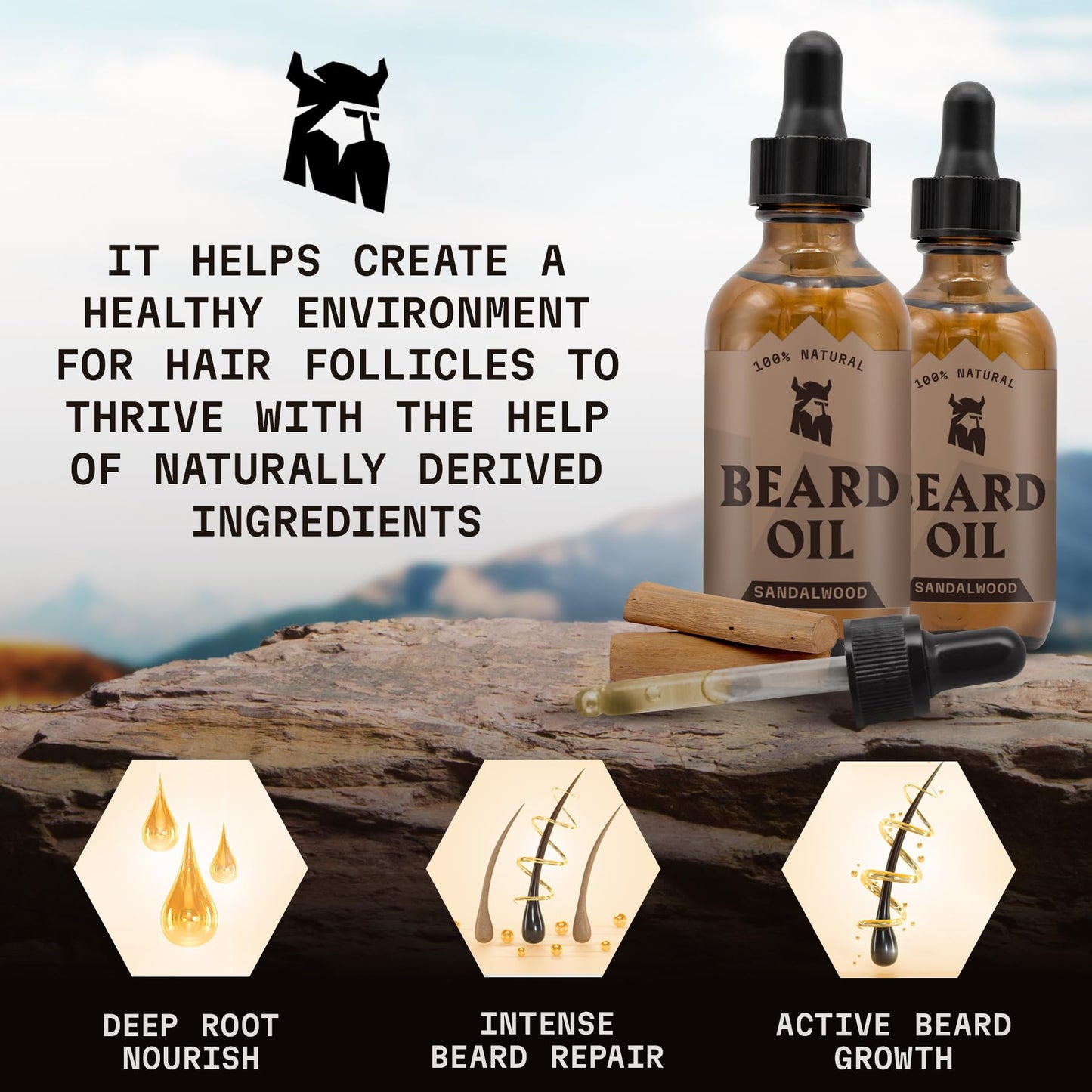 Striking Viking Beard Oil for Men - 2 Fl Oz, Pack of 2, Sandalwood - Nourishing Argan & Jojoba Oil Blend - Soothing Almond & Tea Tree Beard Conditioner - Promotes Fuller Facial Hair Growth