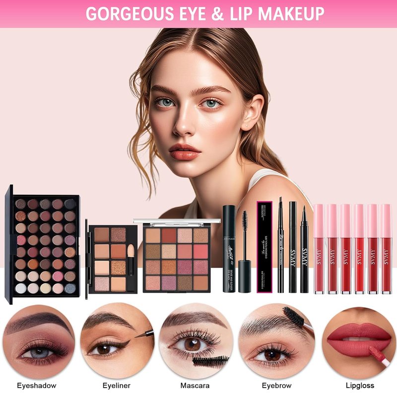 Makeup Kit for Women - Complete Essential Bundle with Eyeshadow Palette, Foundation, Eyeliner & Brushes | Perfect Gift Set for Teens & Girls