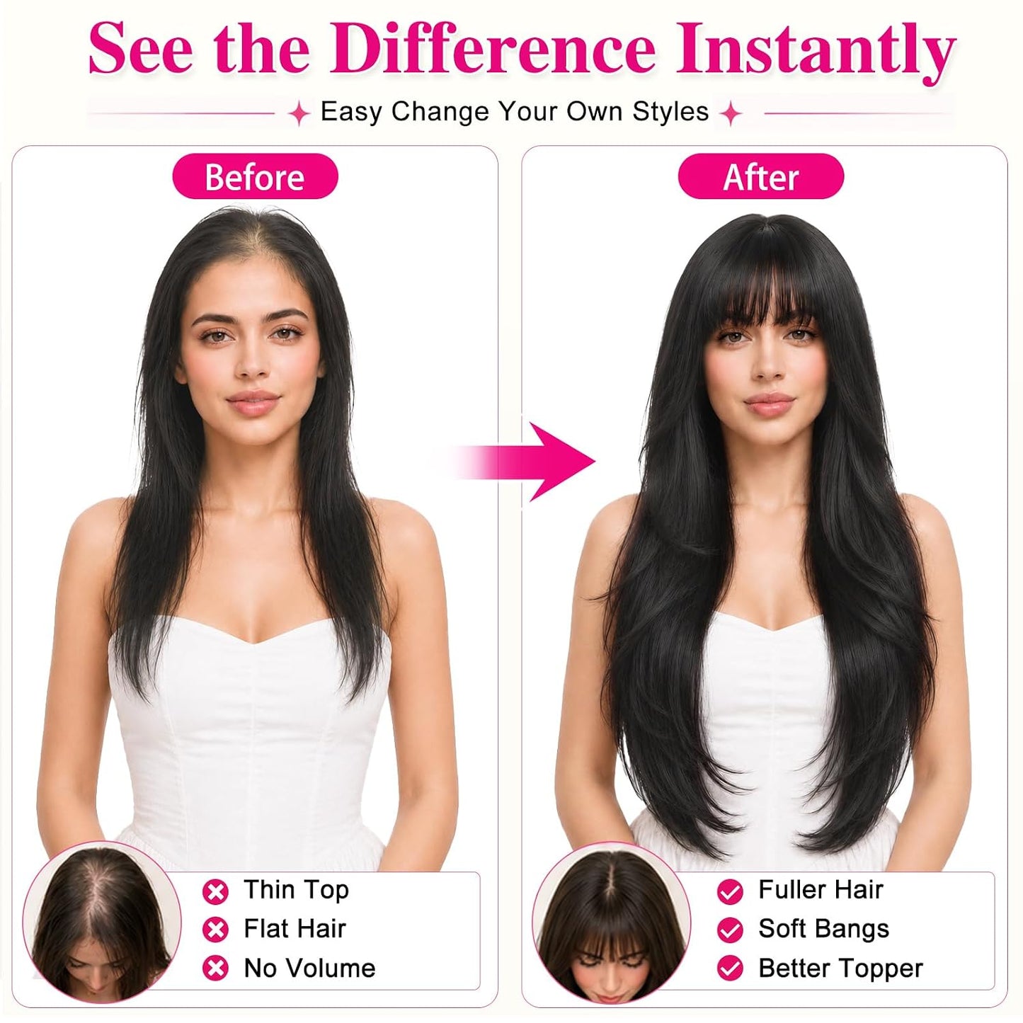 Hair Toppers for Women - 26-Inch 3D 360° Coverage Black Brown Long Straight Clip-In Synthetic Hair with Bangs