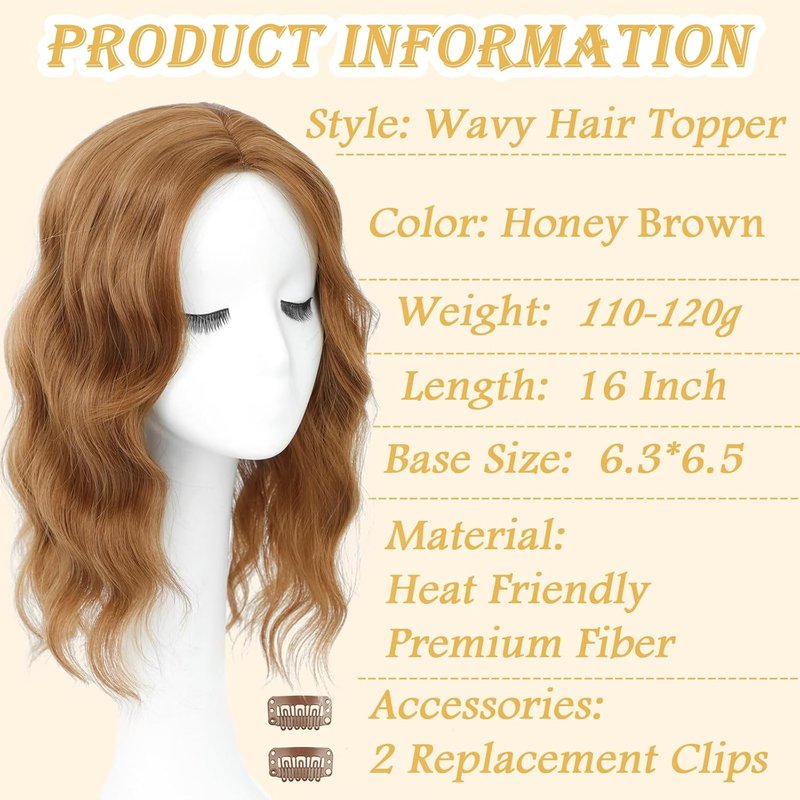 16 Inch Hair Topper for Women - Synthetic Curly Clip-In with Curtain Bangs | Honey Brown Volume Boost