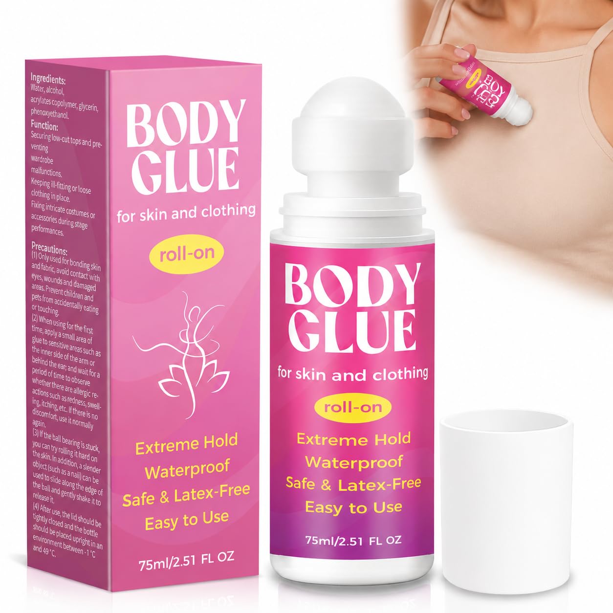 Body Glue for Clothes & Skin 2.54 Oz, Strong Body Adhesive Roll-On, Sweat Resistant & Water Washable, Professional Fashion Glue for Dancers, Butt Glue for Leotards, Wigs, Socks, Bras & Cosplay