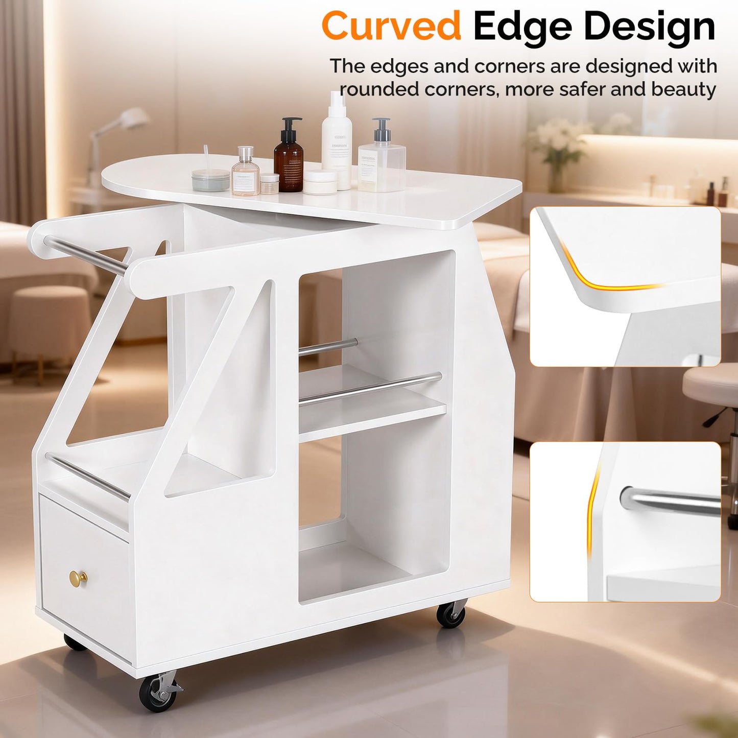 Esthetician Cart with Wheels, Salon Cart Tool Organizer, Utility Trolley with 1 Drawer, 5 Open Shelf, Side Table Mobile Storage Cabinet for Beauty Salon Spa, White