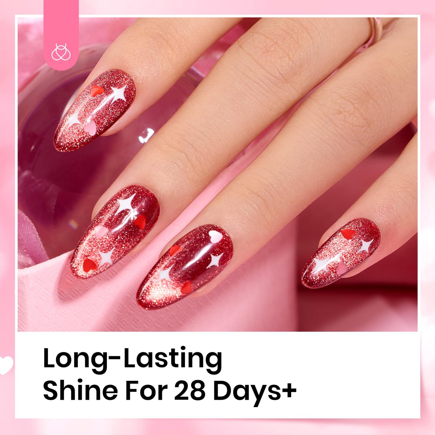 Beetles Heart Glitter Top Coat Gel Polish, 15ml Clear Shine Pink & Red Heart Shape Gel, Soak Off UV No Wipe Gel Top Coat Sparkle Nail Gift for Women