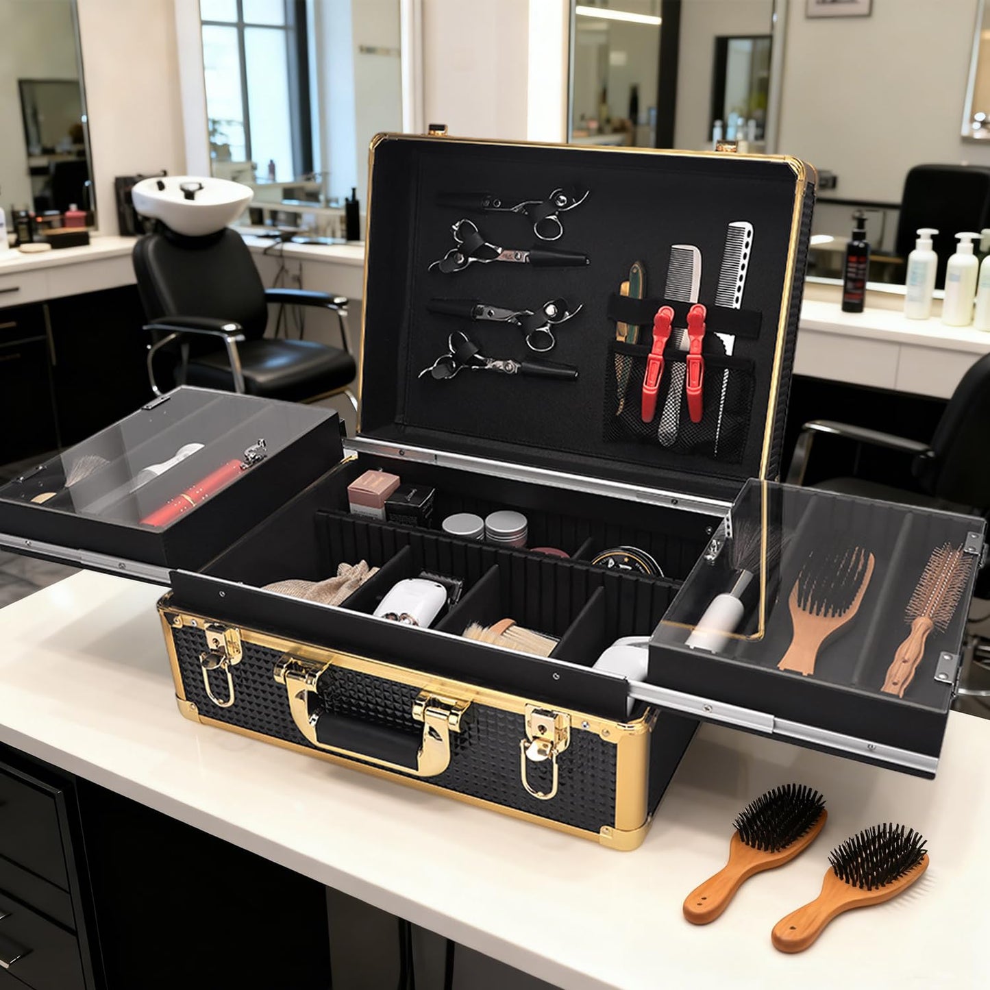 QIPOKAN 3-Layer Large Barber Travel Case with 6 Electric Clipper Slots and Transparent Acrylic Sliding Tray, Professional Barber Case,Suitable for Beauty Hair Stylist Salon Makeup Artist (Gold)