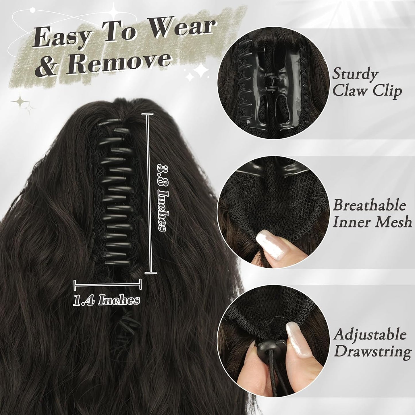 Ponytail Hair Extensions - 12 Inch Claw Clip Dark Brown Curly Wavy Ponytail for Women