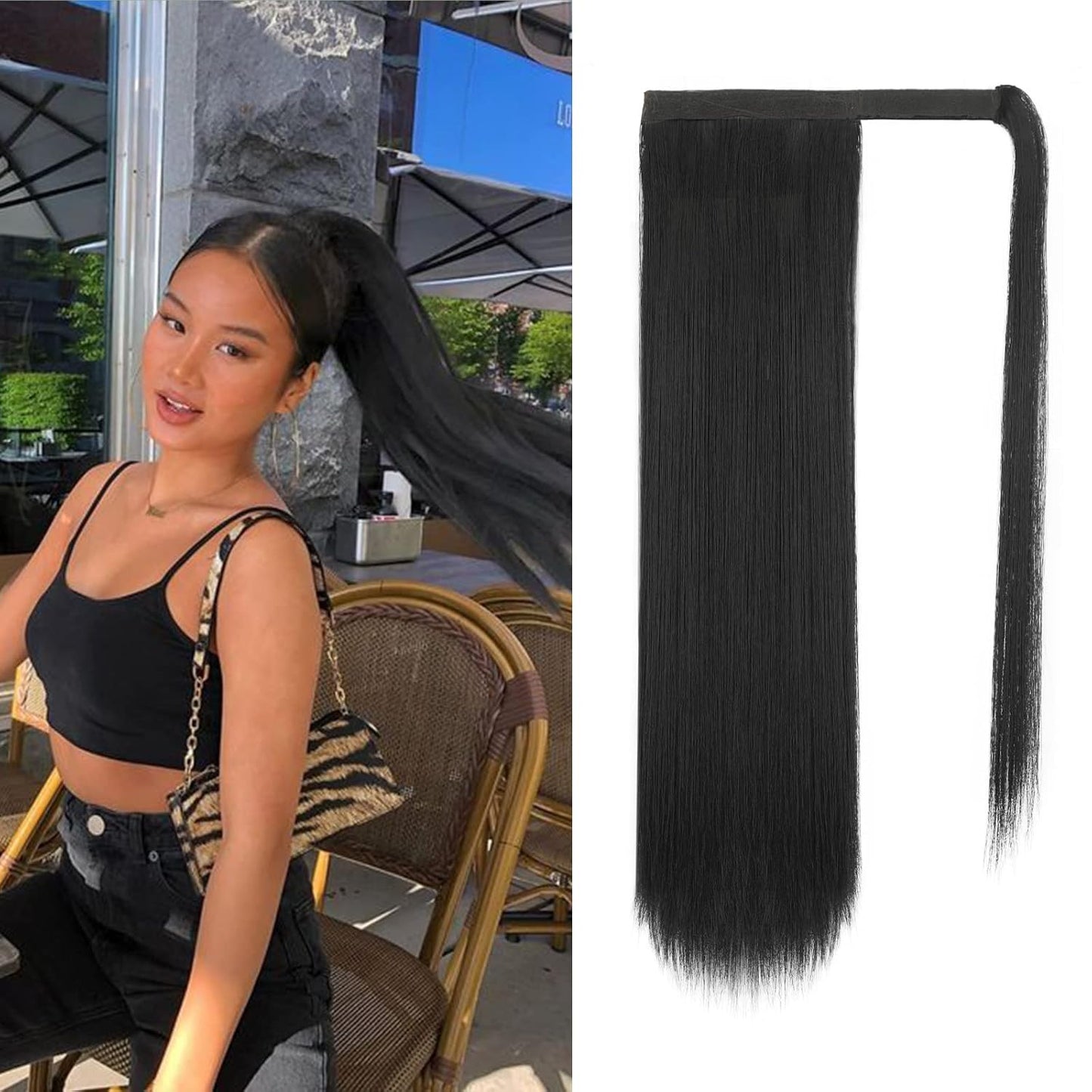 Dark Brown Straight Ponytail Extension - 28 Inch Clip-In Hairpiece for Women | Synthetic Wrap Around Style