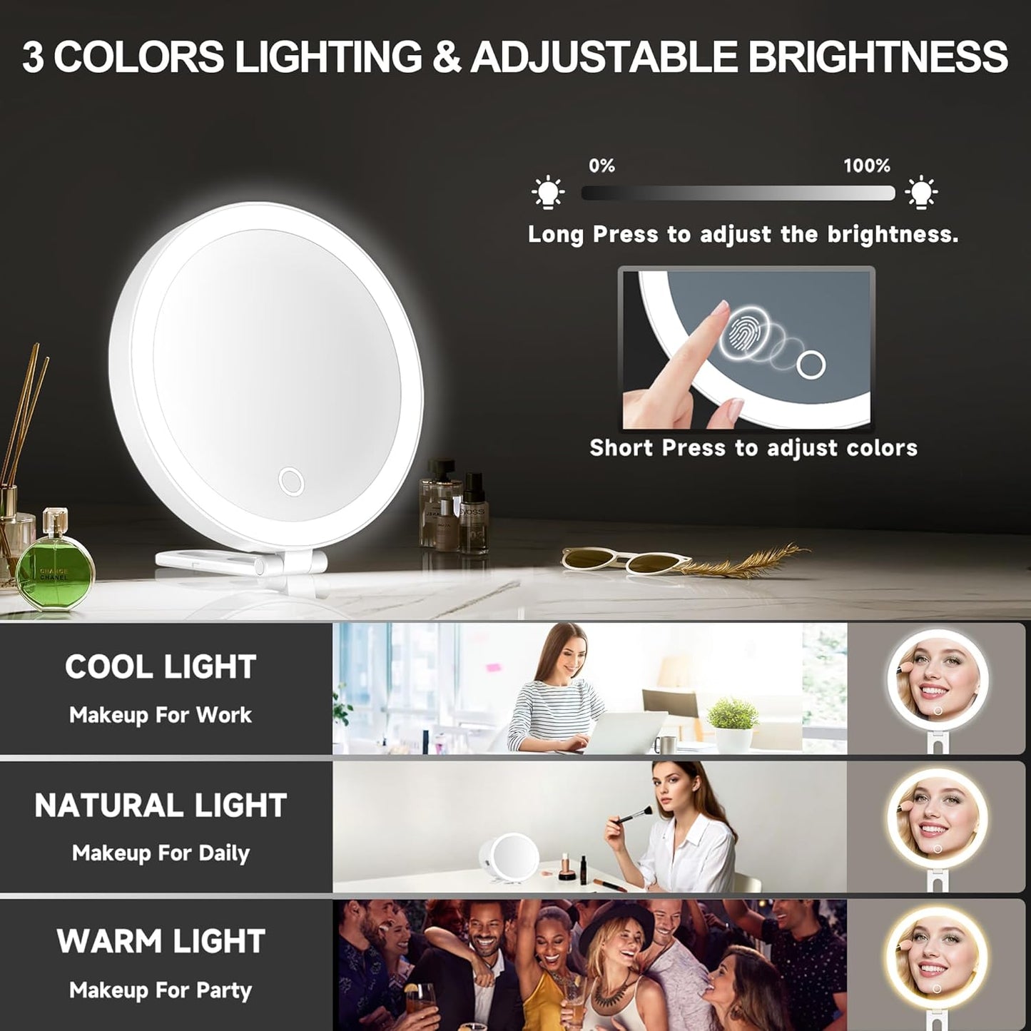 30x Magnifying Makeup Mirror with Light - 6" Travel Size, 3 Suction Cups, 3 Lighting Colors | Handheld Design, Stable Stand