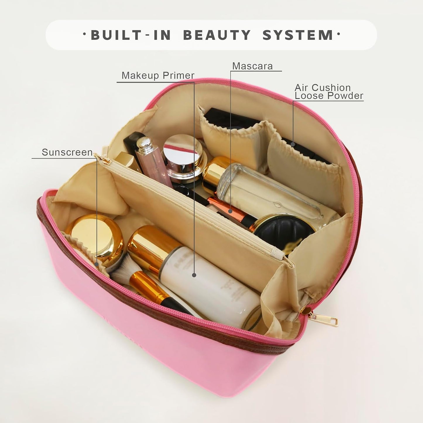 Travel Makeup Bag - Large Waterproof Cosmetic Organizer with Double Zipper | Pink Toiletry Pouch for Women