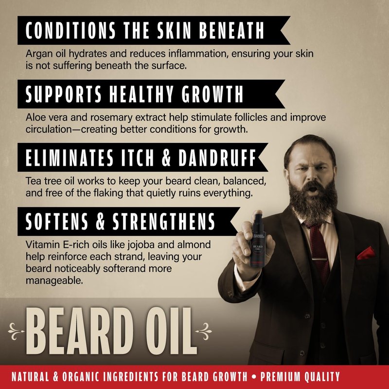 Beard Growth Oil for Men with Cedarwood and Tea Tree Oil - Easy Beard Dispenser and Pump for Mens Beard Care - Sulfate Free Beard Softener - Thickening Beard Exfoliator for Men 2oz - Made in USA