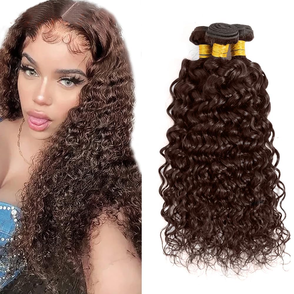 HeioWuio 24 26 28 Inch #4 Brown Bundles Water Wave 3 Bundles Human Hair Brazilian Remy Hair 50 Grams/Bundle Unprocessed Virgin Hairs Chocolate Brown Color Water Wave Bundle Weaves Extensions