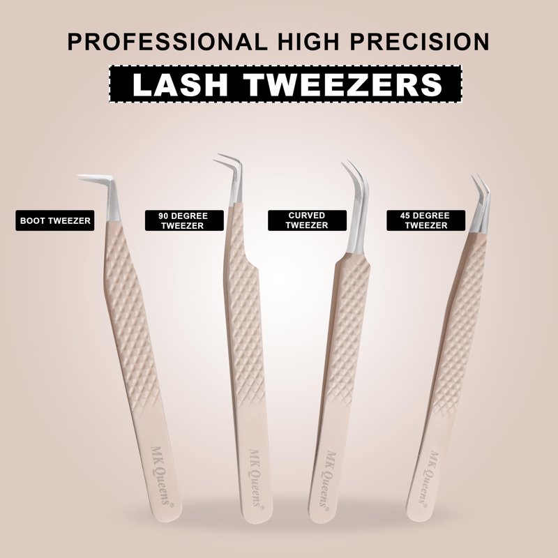Fiber Tip Lash Tweezers For Eyelash Extension Tweezers Professional Eyelash Extension Tweezer - Set of 4 Pcs Diamond Grip Stainless Steel Fiber Tweezer (4, Peach)