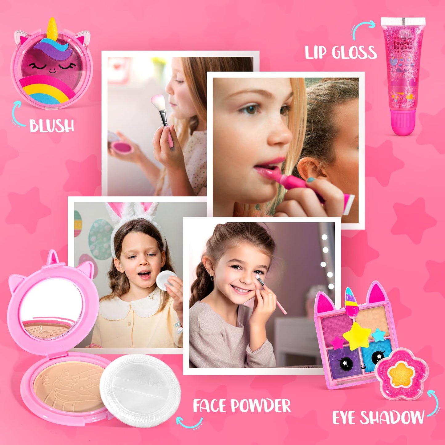 ULOVEME Talc-Free Kids Real Makeup Kit for Little Girls - Mica-Based Safe Formula, Real, Non Toxic, Washable - Ideal for 4 5 6 7 8 Years Old Girls Birthday, Dress Up Party