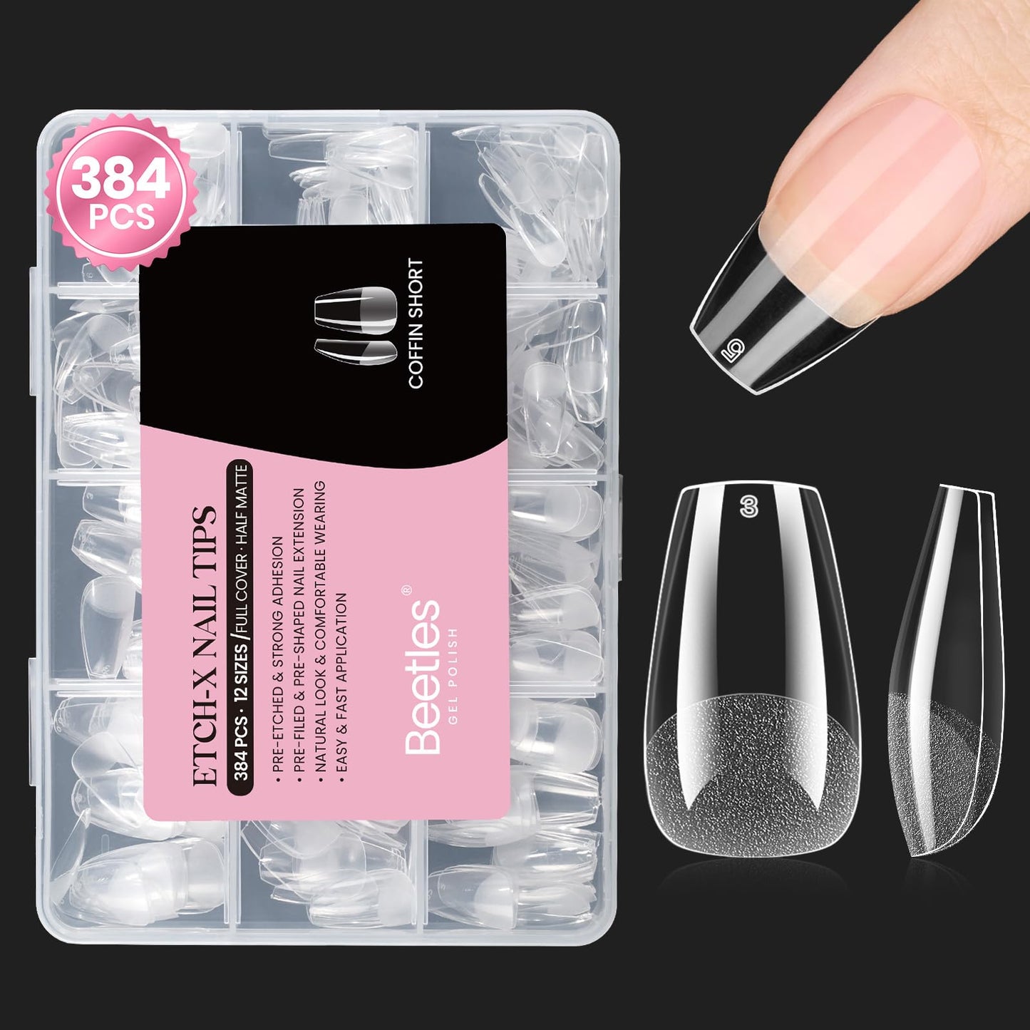 Beetles Gel Nail Tips Etch-X- Coffin Short, 384pcs 12 Sizes, Pre-Etched Half Matte Full Cover Soft Gel Nail Tips, Press on False Nail Extension Acrylic Fake Nails, Easy DIY Salon Art