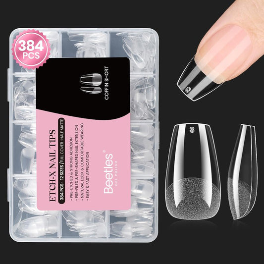 Beetles Gel Nail Tips Etch-X- Coffin Short, 384pcs 12 Sizes, Pre-Etched Half Matte Full Cover Soft Gel Nail Tips, Press on False Nail Extension Acrylic Fake Nails, Easy DIY Salon Art
