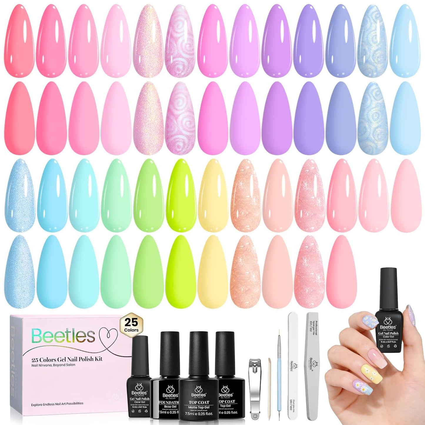 Beetles Gel Nail Polish Set - 32 Vibrant Colors | UV LED Soak Off Nail Kit with Base & Top Coat
