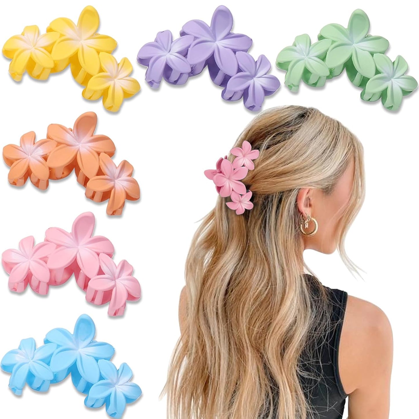Flower Hair Clips for Women - 6PCS Hawaiian Plumeria Strong Hold Hair Claws | Cute Beach Accessories