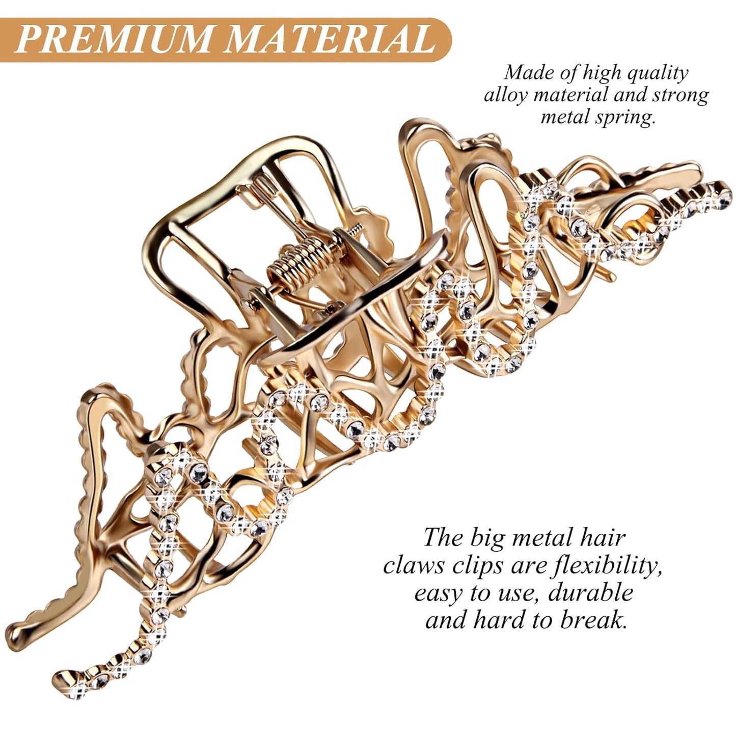 Large Hair Claw Clips for Thick Hair - Rhinestone Jumbo Jaw Clip | Strong Hold, Gold