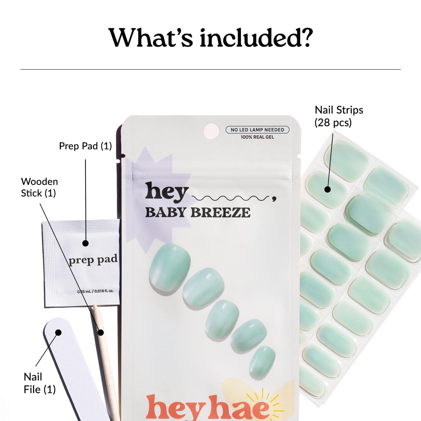 Heyhae Semi Cured Gel Nail Strips | No LED Lamp Needed | Blue, Valentines | Easy Apply & Remove, Salon Quality | Includes 28 Strips, 1 Prep Pads, Nail File & Wooden stick - Hey, Baby Breeze