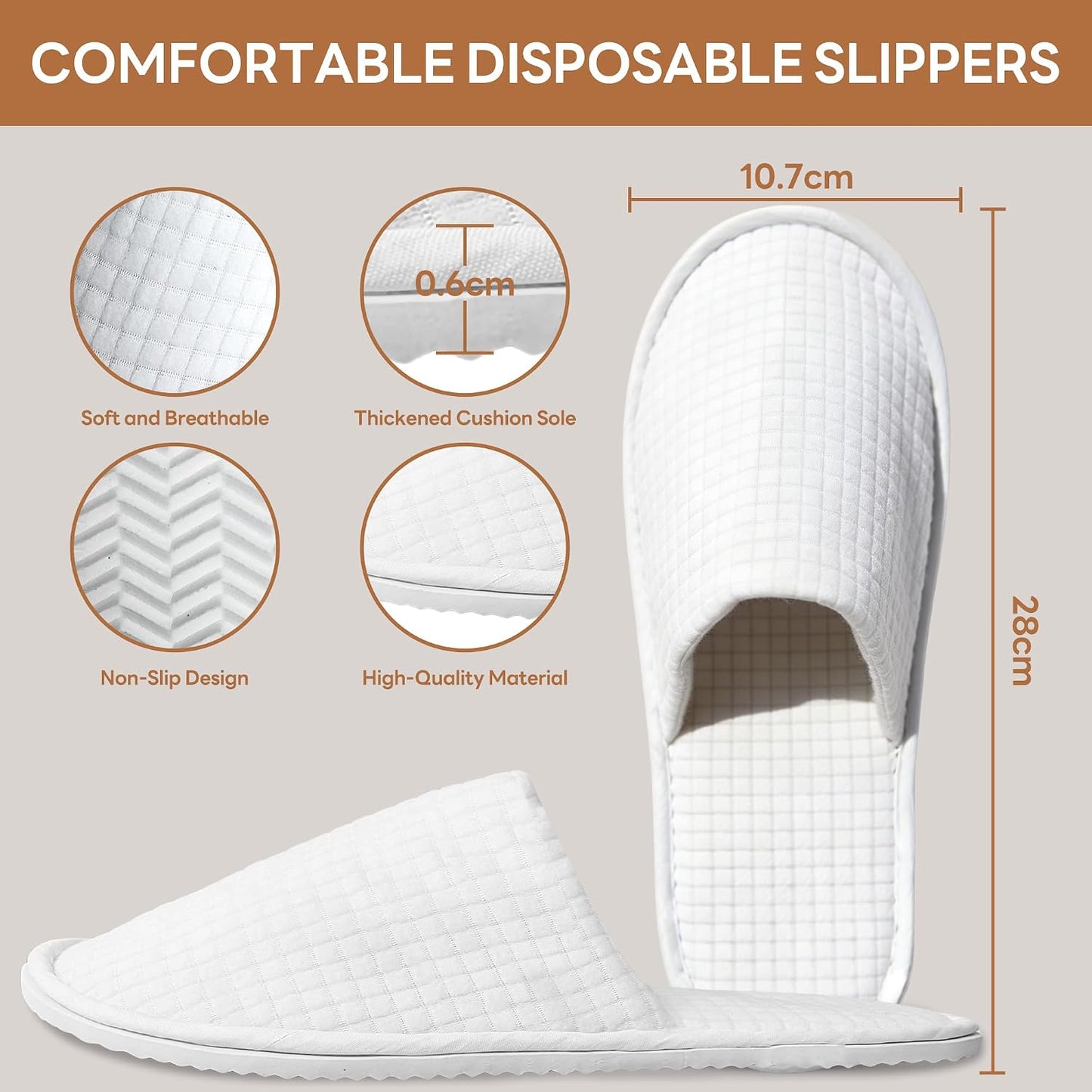Disposable Slippers - Cotton Fleece Guest Slippers with Non-Slip Sole | 6 Pairs for Home, Hotel & Travel