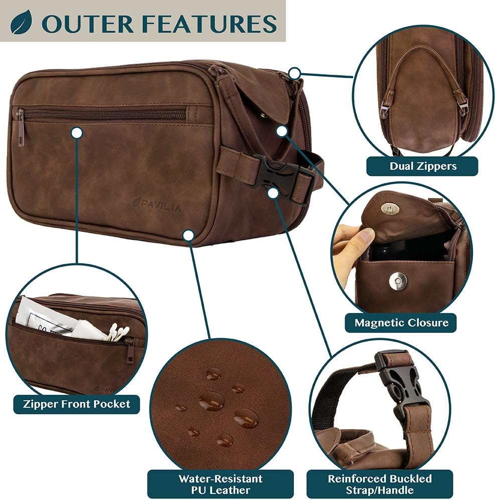 Toiletry Bag for Men - Travel Dopp Kit Organizer | PU Leather, Water Resistant, Dark Brown
