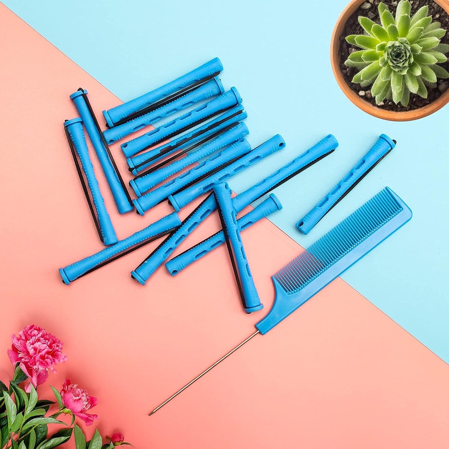 Hair Perm Rods Set - 60PCS Blue Plastic Curlers with Steel Pintail Comb | DIY Hair Styling Tools (0.9cm)