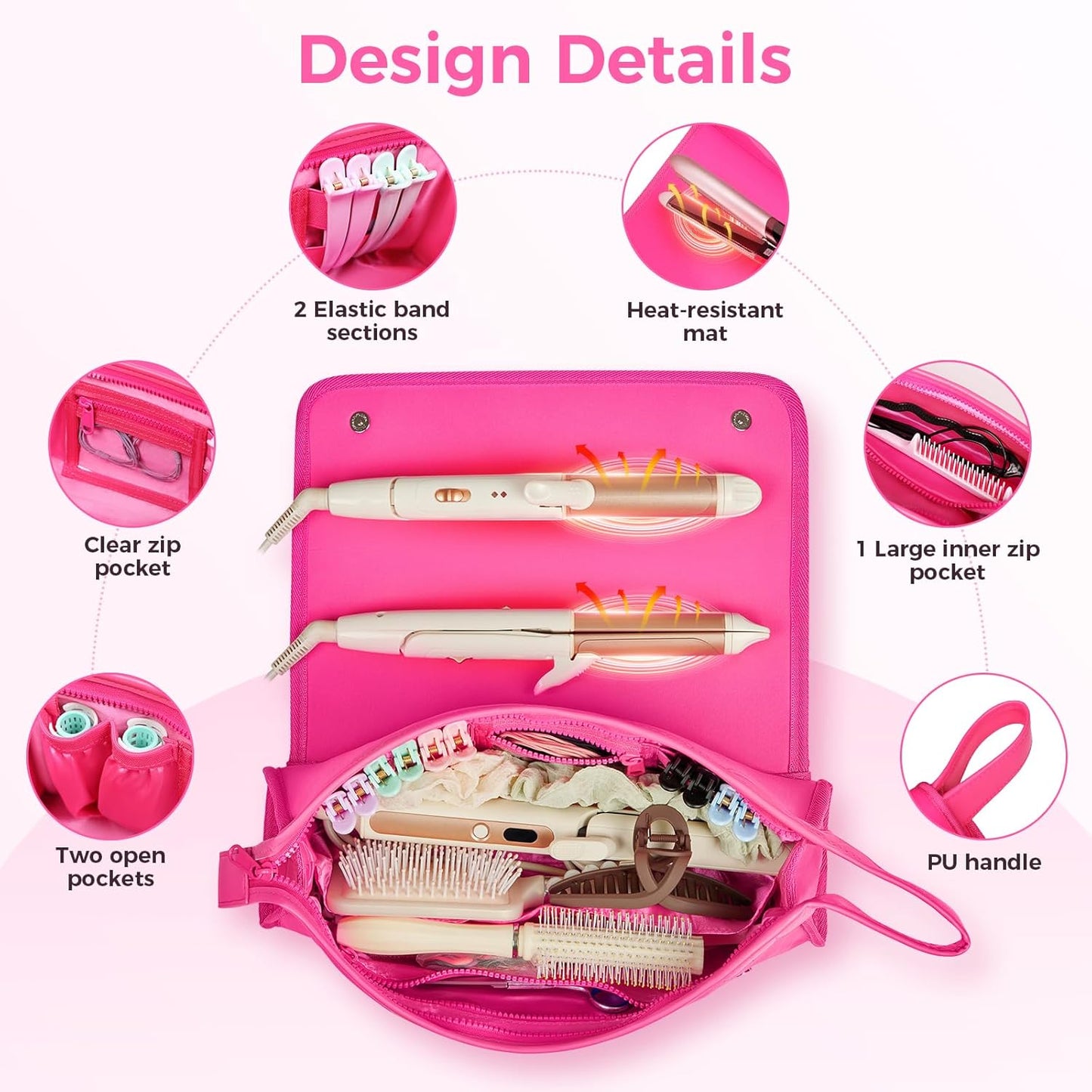 Hair Tools Travel Bag - 2-in-1 Heat Resistant Organizer for Curling Irons & Straighteners | Vibrant Rose Red