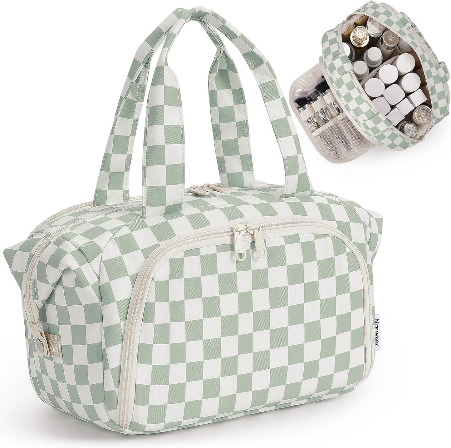 Travel Toiletry Bag for Women - Large Makeup Organizer with Handle | Wide Open Design, Wet Pocket - Dusty Pink Checker
