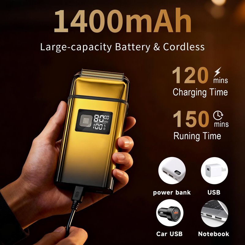 KOMINGDON Electric Foil Shaver for Men,Electric Razor with Pop-up Trimmer,Cordless Beard Trimmer,Waterproof,Wet & Dry Shaving,LED Display,2-Speed Mode (Gold)