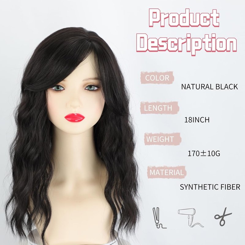 Black Curly Wig for Women - 18-Inch Medium Length with Bangs | Glueless Synthetic Heat-Resistant Hairpiece