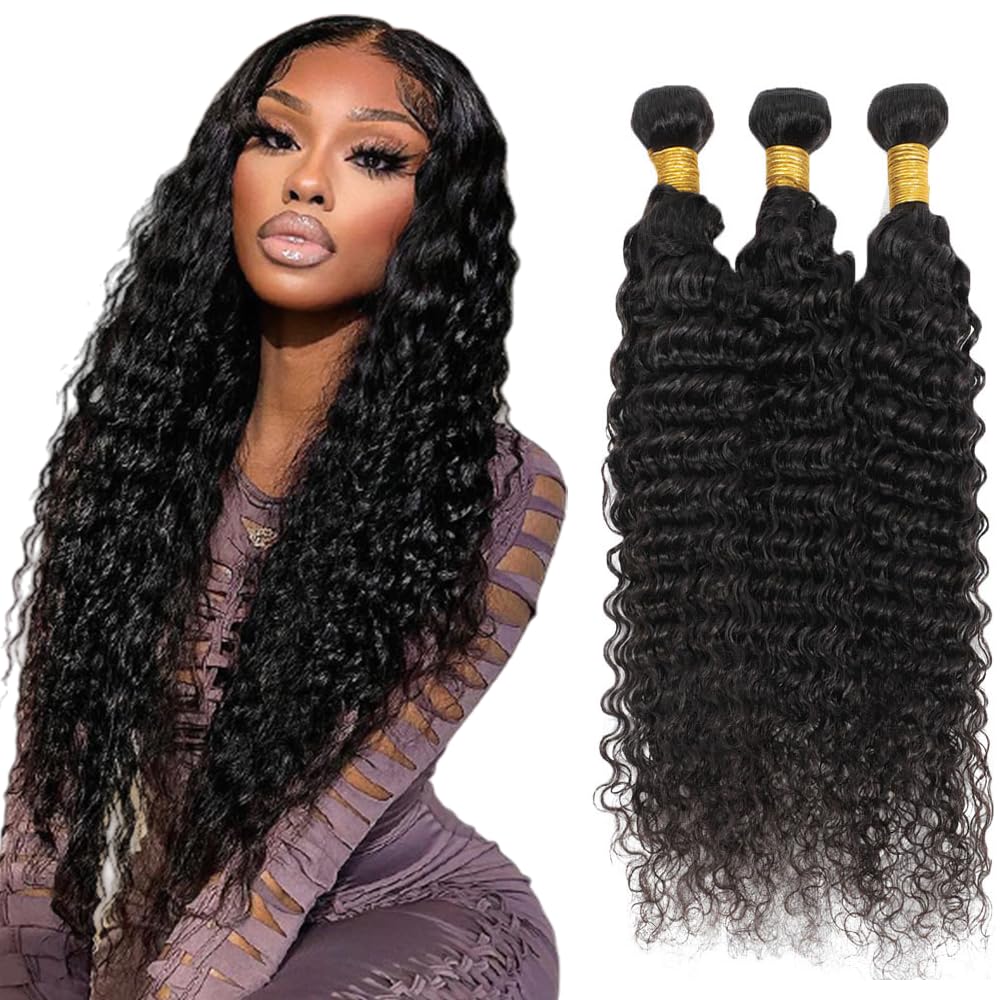 24 26 28 Inch Deep Wave Bundles Human Hair 3 Bundles Brazilian Remy Hair 50 Grams/Bundle Unprocessed Virgin Hairs #1B Natural Black Color Deep Wave Bundle Weaves Hair Extensions