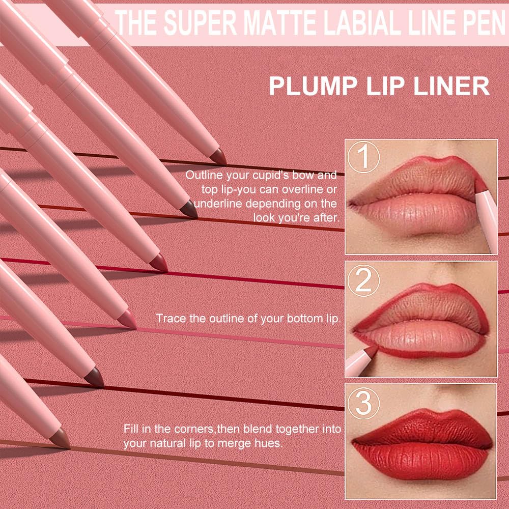Retractable Lip Liner Set - 6 Pcs Natural Nude Beige & Bold Colors for Shaping Lips | Creamy Matte Velvet Finish