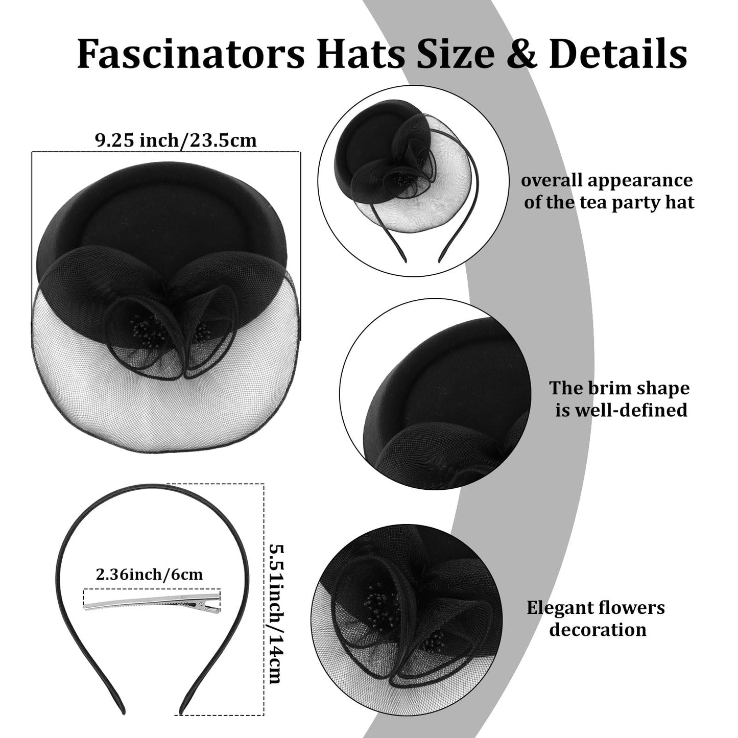 Semato Black Fascinators Hats for Women Mesh Elegant Tea Party Kentucky Hat Derby Headband with Hair Clip