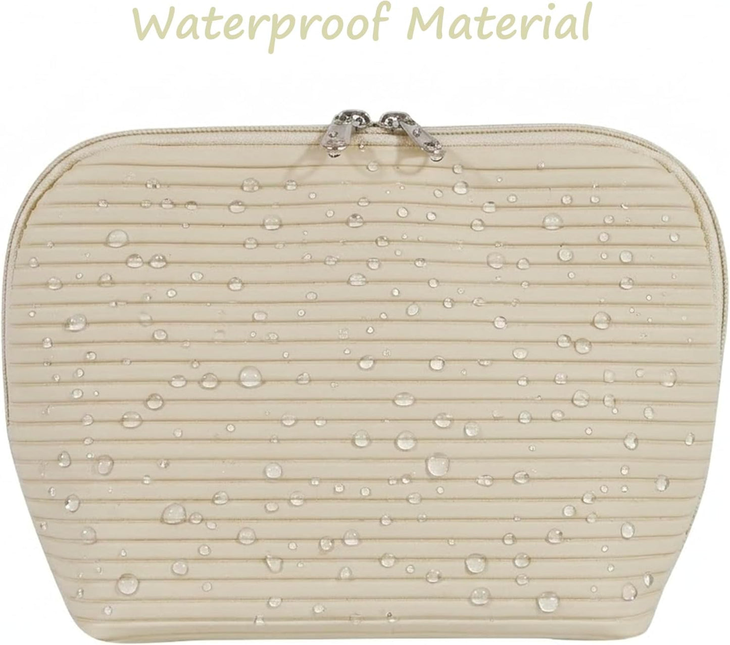 Travel Makeup Bag - Waterproof Cosmetic Organizer with Brush Holders | Fold-Down Design for Skincare & Toiletries (Beige, Medium)