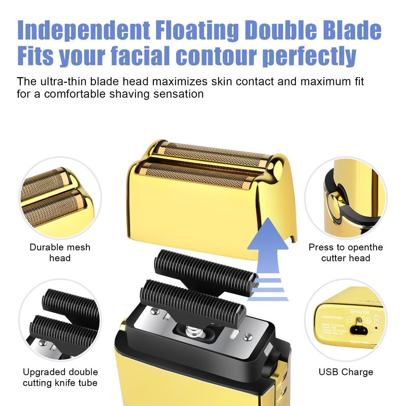 HIENA PRO Foil Shaver for Men Barber, Double Electric Foil Trimmer, Professional Electric Razor, Close Shaver, Cordless Rechargeable with USB, Gold